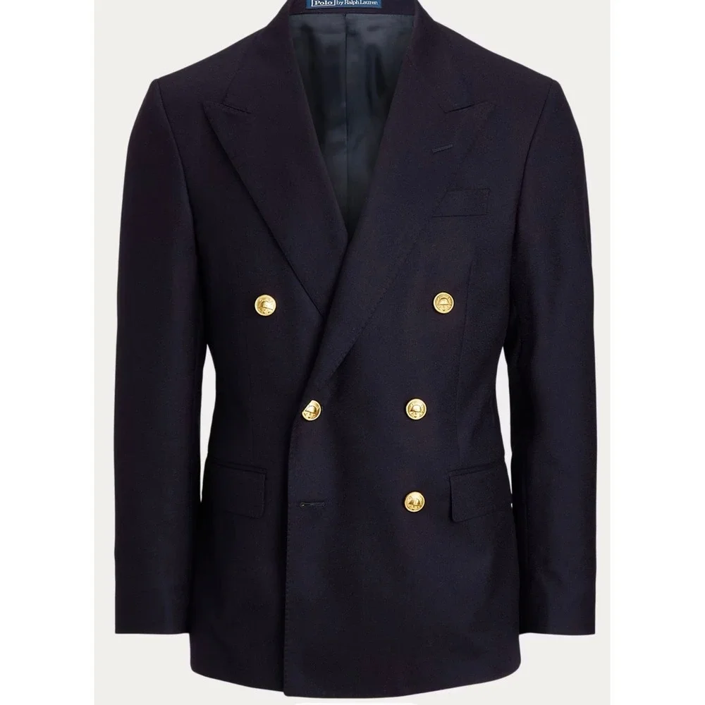 Polo Ralph Lauren Mens Navy Wool Double Breasted Blazer Gold Buttons 40L USA